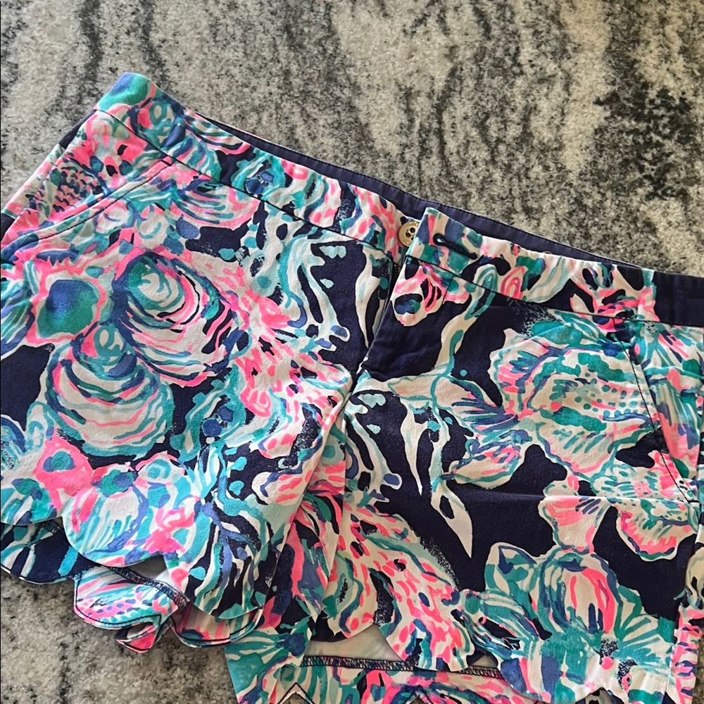Lilly Pulitzer Navy Floral Scallop Hem Shorts with Pink & Aqua